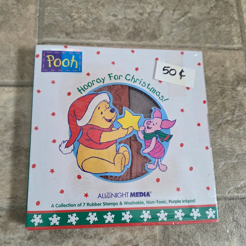 Vintage Disney Rubber Stamp Set Winnie Pooh Christmas 7pc Inkpad
